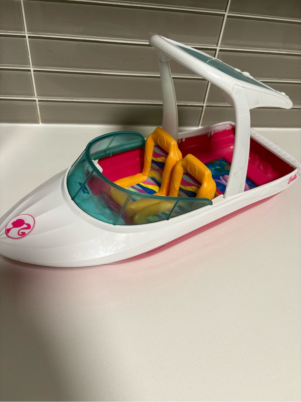 Barbie White, Pink & Teal Kids Boat Toy with Yellow Seats